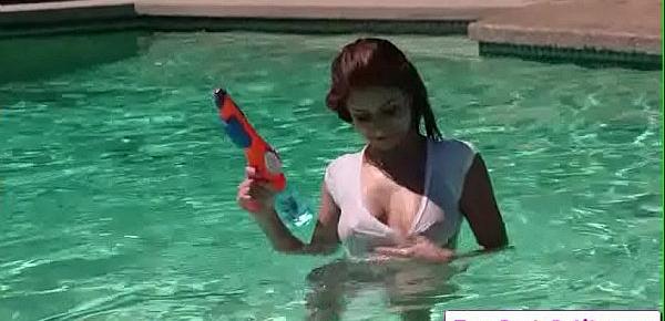  Sexy big tit teen Nina North lays with a water gun toy and show her nice tight ass and perky boobs